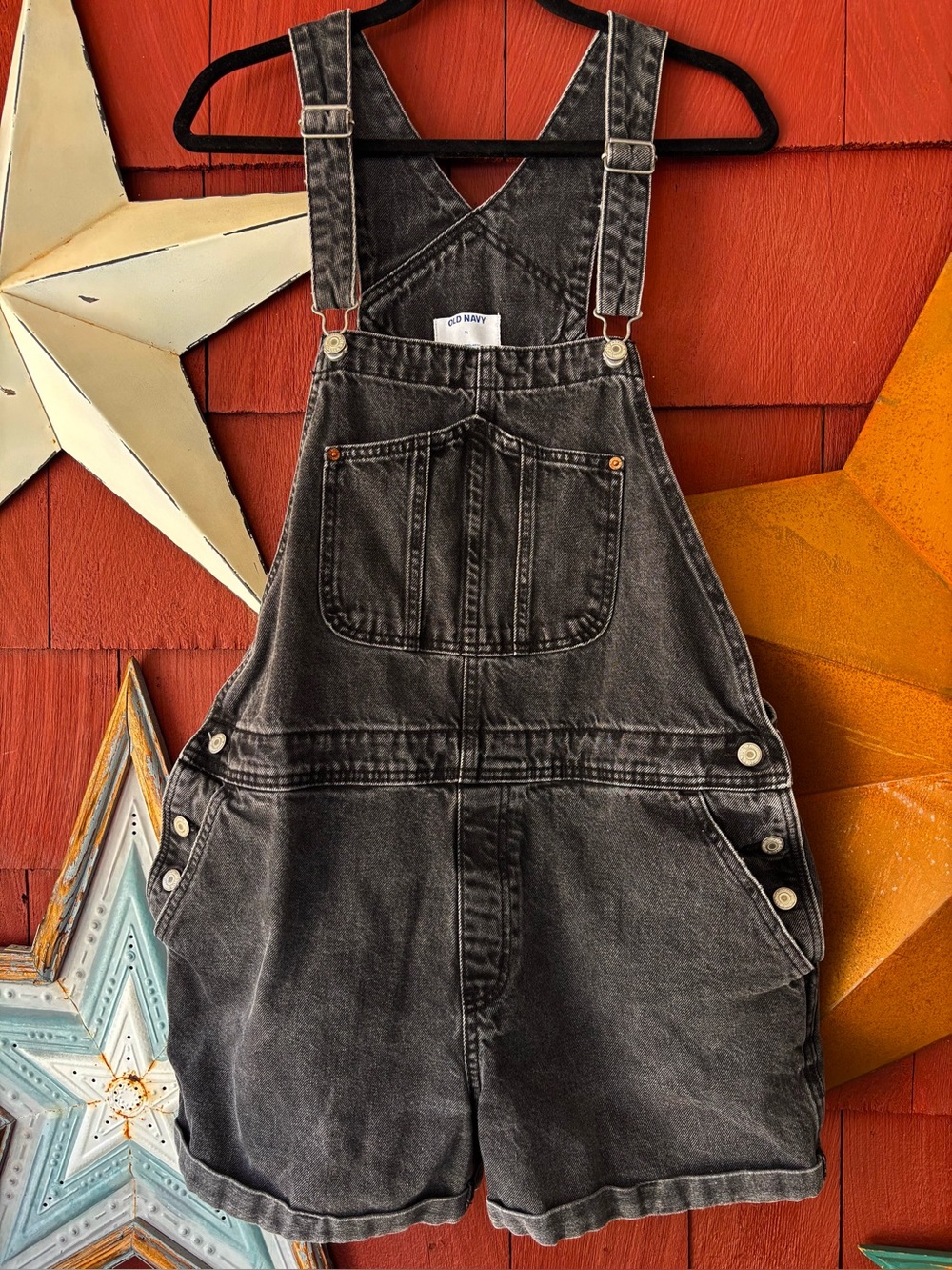 Old Navy Black Denim Shortalls Overalls Washed Black Jean Women’s XL